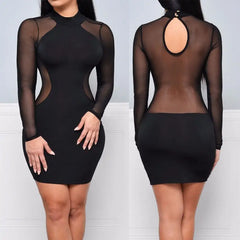 Fashion Bodycon Mini Dress 2024 Women Sexy Mesh Patchwork See-Through Long Sleeve Sheath Slim Evening Party Dresses