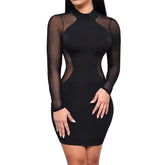 Fashion Bodycon Mini Dress 2024 Women Sexy Mesh Patchwork See-Through Long Sleeve Sheath Slim Evening Party Dresses