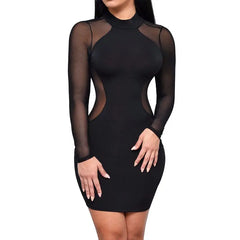 Fashion Bodycon Mini Dress 2024 Women Sexy Mesh Patchwork See-Through Long Sleeve Sheath Slim Evening Party Dresses