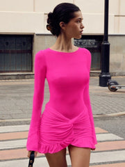 Ruched Bodycon Dress Women Sexy Long Sleeve Twist Ruffles Hem Mini Y2k Dresses Summer White Elegant Club Party Short Vestidos