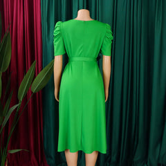 Elegant Party Dresses for Women V Neck Short Sleeve Belt Waisted Pleated Mid Calf Luxury Birthday Dinner Vestidos Mujer Dress OL