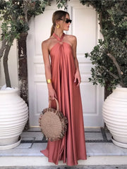 Party Dresses For Women Loose Halter Neck Leace-up Backless Sexy Satin Evening Dress A-line Summer New Fashion Elegant Vacation