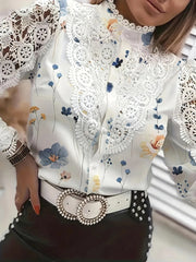 Shirts Elegant Office Ladies White Collared Lace Patchwork Hollow Out Button Up Womens Tops And Blouses 2025 Fashion New Blouse