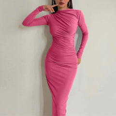 Women Bodycon Maxi Dresses Fall New Long Sleeve Sexy Ruched Neck Slim Fit Cocktail Party Dress Elegant Gentle Temperament Dress