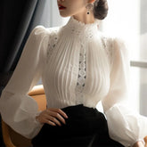 Blusas Mujer De Moda 2025 Blouse for Women Temperament Lace Patchwork Shirts Hollow Out Pleated Stand Neck Vintage Blouses Tops