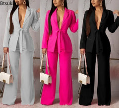 New 2025 Women's Formal Business Suit Sets Office Wear Two Piece Blazer Pants Sets Professional Woman Suit With Waist Tied Sets
