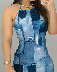 Women's Dresses 2024 Summer Fashion Denim Look Print Casual Halter Backless Sleeveless Daily Mini Tied Detail Vacation Dress