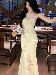 Elegant Sexy Bodycon Mermaid Dress Summer Fashion Mesh Strap Runway Party Robe Women France Vintage Floral Long Vestidos New