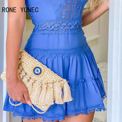 Women Elegant Dress Guipure Lace Frill Hem Casual Dress Ruffles Casual Summer Mini Dress