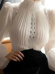 Blusas Mujer De Moda 2025 Blouse for Women Temperament Lace Patchwork Shirts Hollow Out Pleated Stand Neck Vintage Blouses Tops