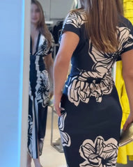 Women Elegant Dresses Temperament Commuting Floral Print V Neck Short Sleeve Ruched Dress Women's Casual Waist Slit Midi Dress