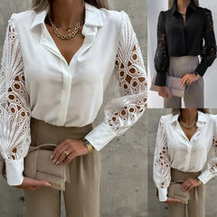 Women's Blouse White blank Elegant V-neck Lace Sleeve Cut-out Patchwork Office Commuter Black Shirt For Female S-XXL