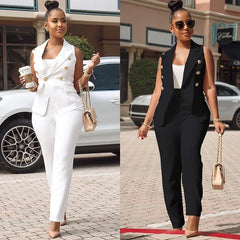 Business OL Work Wear Two Piece Pant Suits for Women Set Elegant Sleeveless Blazer Top + Pencil Pants Office Lady Matching Sets