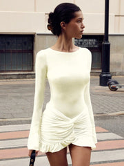 Ruched Bodycon Dress Women Sexy Long Sleeve Twist Ruffles Hem Mini Y2k Dresses Summer White Elegant Club Party Short Vestidos