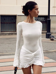 Ruched Bodycon Dress Women Sexy Long Sleeve Twist Ruffles Hem Mini Y2k Dresses Summer White Elegant Club Party Short Vestidos