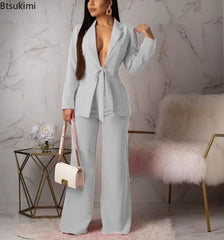 New 2025 Women's Formal Business Suit Sets Office Wear Two Piece Blazer Pants Sets Professional Woman Suit With Waist Tied Sets