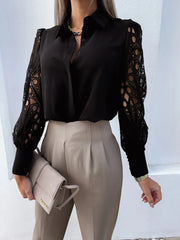 Women's Blouse White blank Elegant V-neck Lace Sleeve Cut-out Patchwork Office Commuter Black Shirt For Female S-XXL