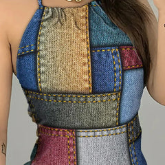 Women's Dresses 2024 Summer Fashion Denim Look Print Casual Halter Backless Sleeveless Daily Mini Tied Detail Vacation Dress