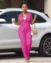 Business OL Work Wear Two Piece Pant Suits for Women Set Elegant Sleeveless Blazer Top + Pencil Pants Office Lady Matching Sets