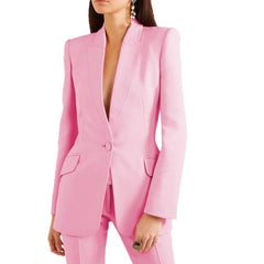 Chic Peak Lapel Pants Sets 2 Piece Solid Color Single Button Tuxedo Wedding Party Formal Casual Women's Suit (Jacket+Pants)