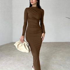 Women Bodycon Maxi Dresses Fall New Long Sleeve Sexy Ruched Neck Slim Fit Cocktail Party Dress Elegant Gentle Temperament Dress