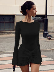 Ruched Bodycon Dress Women Sexy Long Sleeve Twist Ruffles Hem Mini Y2k Dresses Summer White Elegant Club Party Short Vestidos