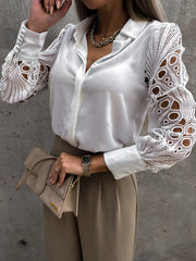 Women's Blouse White blank Elegant V-neck Lace Sleeve Cut-out Patchwork Office Commuter Black Shirt For Female S-XXL