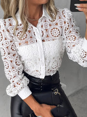 Lace Blouses For Women Elegant Office White Shirt Long Sleeve Button Turn-down Collar Sexy Hollow Tops Fashion Women's Clothing