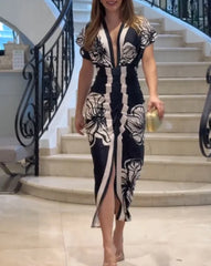 Women Elegant Dresses Temperament Commuting Floral Print V Neck Short Sleeve Ruched Dress Women's Casual Waist Slit Midi Dress