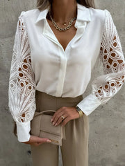 Women's Blouse White blank Elegant V-neck Lace Sleeve Cut-out Patchwork Office Commuter Black Shirt For Female S-XXL