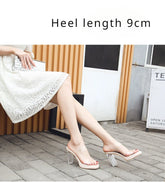 Women's High Heels, 2024 Summer New Waterproof Table with A Line Not Tired Feet Thick Crystal Slippers, Women's Shoes