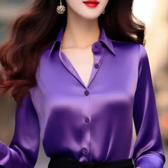 Polo-Neck Blouses Button Up Elegant Loose Long Sleeve Clothes Office Ladies French Black Shirt Tops Spring Autumn Women's Solid
