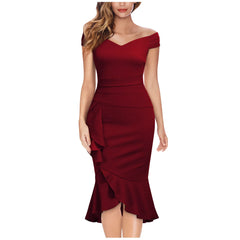 Women's elegant party dresses Off Shoulder V-Neck Ruffle Pleat Waist Slit Dress classic fishtail skirt traf vestidos para mujer