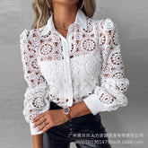 Lace Blouses For Women Elegant Office White Shirt Long Sleeve Button Turn-down Collar Sexy Hollow Tops Fashion Women's Clothing