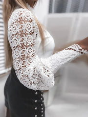 Shirts Elegant Office Ladies White Collared Lace Patchwork Hollow Out Button Up Womens Tops And Blouses 2025 Fashion New Blouse
