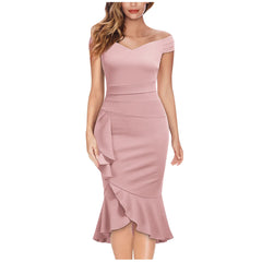 Women's elegant party dresses Off Shoulder V-Neck Ruffle Pleat Waist Slit Dress classic fishtail skirt traf vestidos para mujer