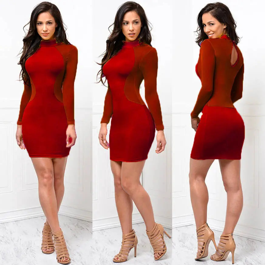 Fashion Bodycon Mini Dress 2024 Women Sexy Mesh Patchwork See-Through Long Sleeve Sheath Slim Evening Party Dresses