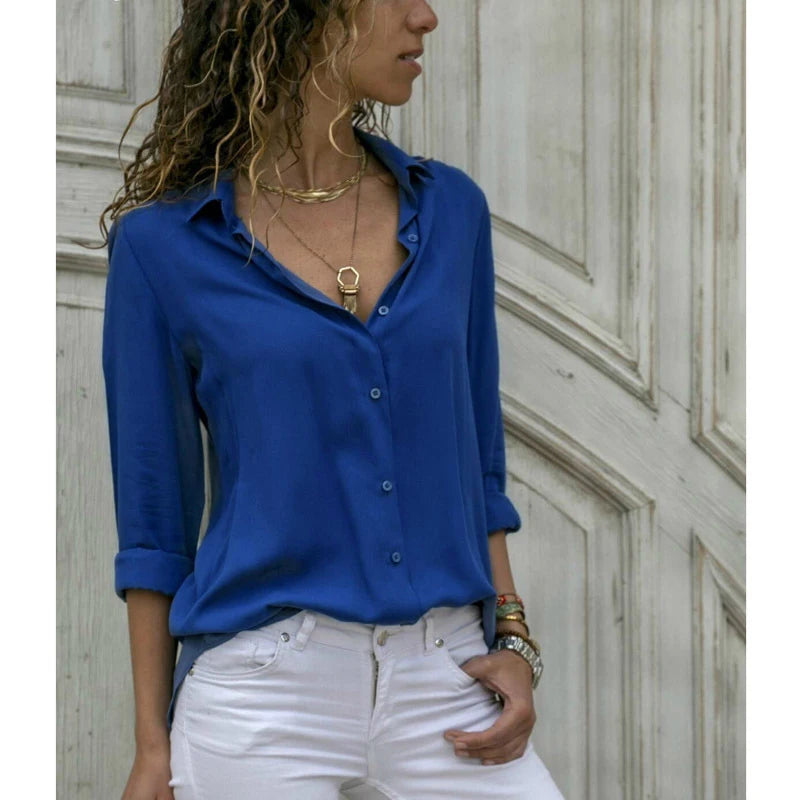 Women Tops Blouses 2023 Spring Summer Elegant Long Sleeve Solid V-Neck Chiffon Blouse Female Work Wear Shirts Blouse Oversized