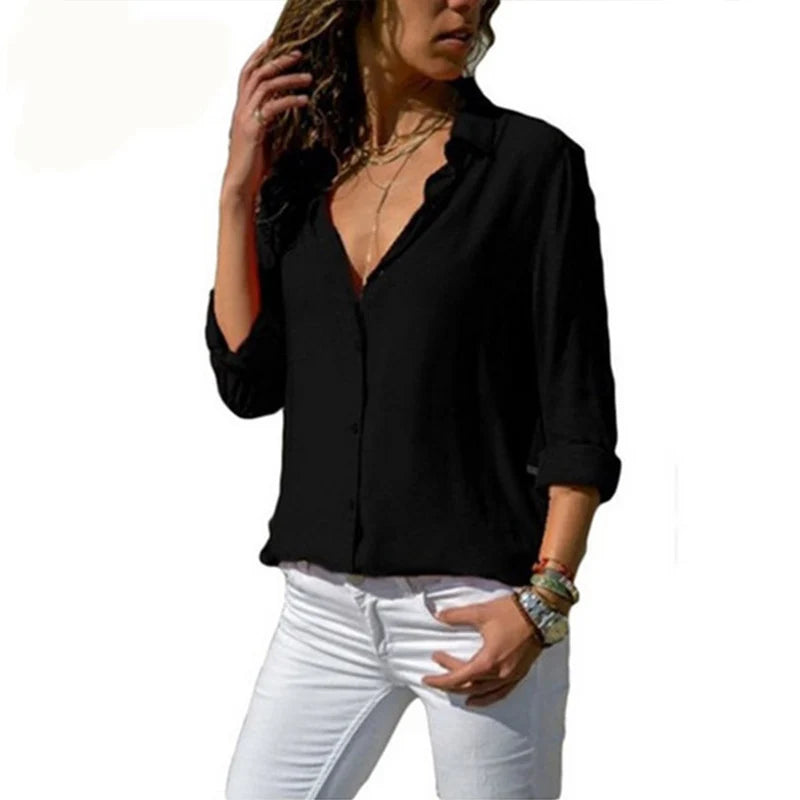 Women Tops Blouses 2023 Spring Summer Elegant Long Sleeve Solid V-Neck Chiffon Blouse Female Work Wear Shirts Blouse Oversized