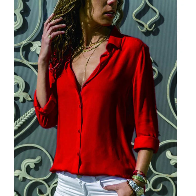 Women Tops Blouses 2023 Spring Summer Elegant Long Sleeve Solid V-Neck Chiffon Blouse Female Work Wear Shirts Blouse Oversized