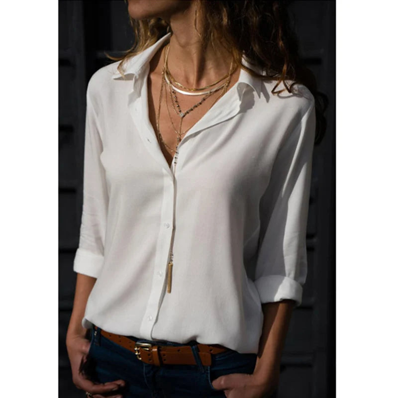 Women Tops Blouses 2023 Spring Summer Elegant Long Sleeve Solid V-Neck Chiffon Blouse Female Work Wear Shirts Blouse Oversized