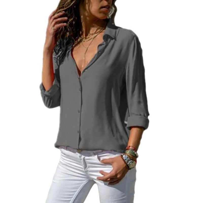 Women Tops Blouses 2023 Spring Summer Elegant Long Sleeve Solid V-Neck Chiffon Blouse Female Work Wear Shirts Blouse Oversized