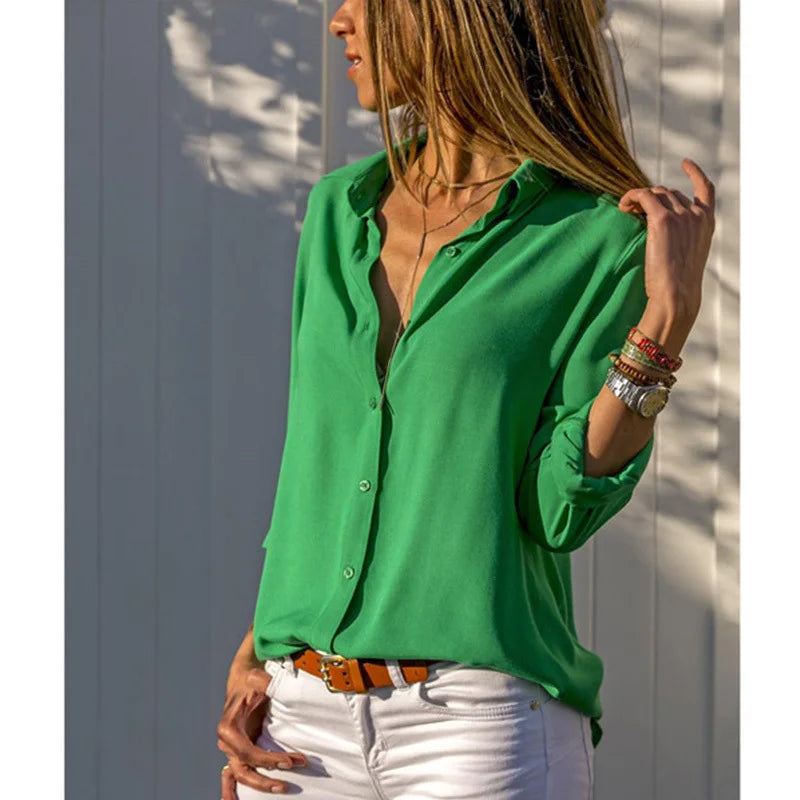 Women Tops Blouses 2023 Spring Summer Elegant Long Sleeve Solid V-Neck Chiffon Blouse Female Work Wear Shirts Blouse Oversized