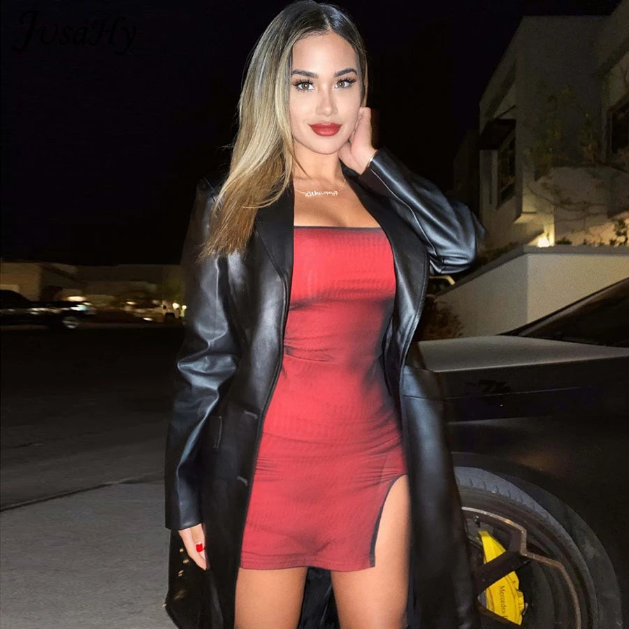 JusaHy Y2K Sexy Slim Bodycon Split Dresses Women's Banquet Solid Sleeveless 2021Summer Skinny Sling Street Party Club Dress Hot