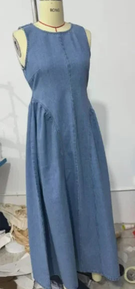 Casual Round Neck Lace Up Backless Denim Dress Sleeveless High Waist Loose Zipper Robe Summer High Street Sexy Solid Clothing