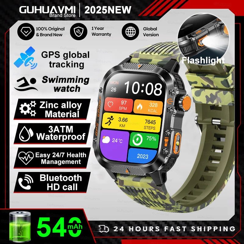 2025 New Smart Watch 2.01" AMOLED Display Built-in Compass Altimeter Flashlight 100+Sport Modes 540mAh Voice Call Smartwatch Men