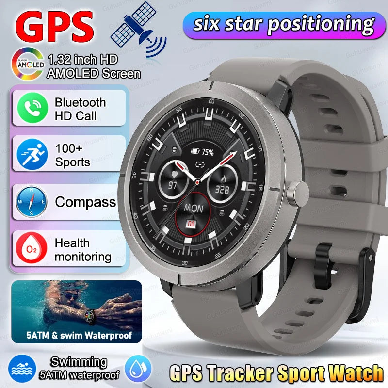 Smart Watch for Women GPS 6-Satellites 1.32” HD AMOLED Display Built-in GPS Bluetooth Call Sports 5ATM Waterproof Smartwatch ma