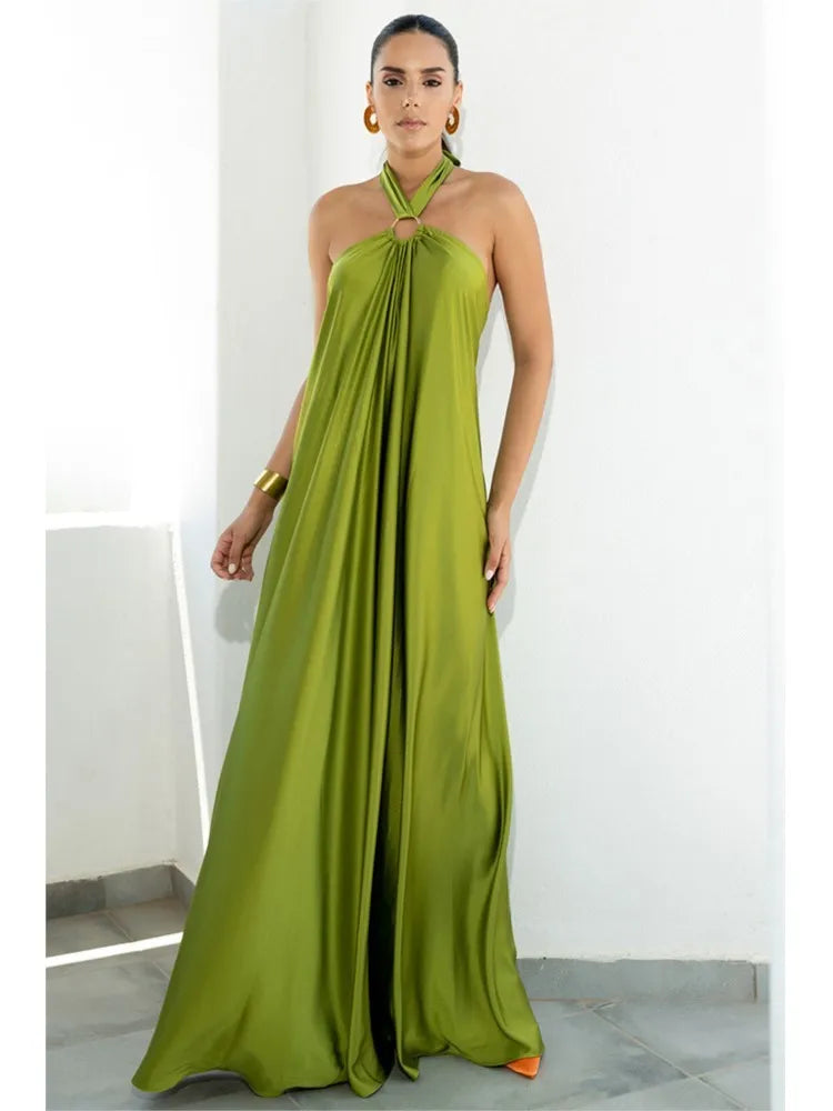 Party Dresses For Women Loose Halter Neck Leace-up Backless Sexy Satin Evening Dress A-line Summer New Fashion Elegant Vacation