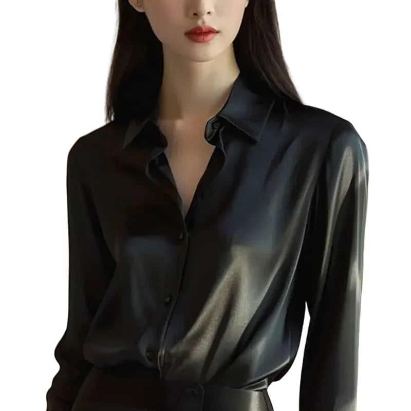 Polo-Neck Blouses Button Up Elegant Loose Long Sleeve Clothes Office Ladies French Black Shirt Tops Spring Autumn Women's Solid