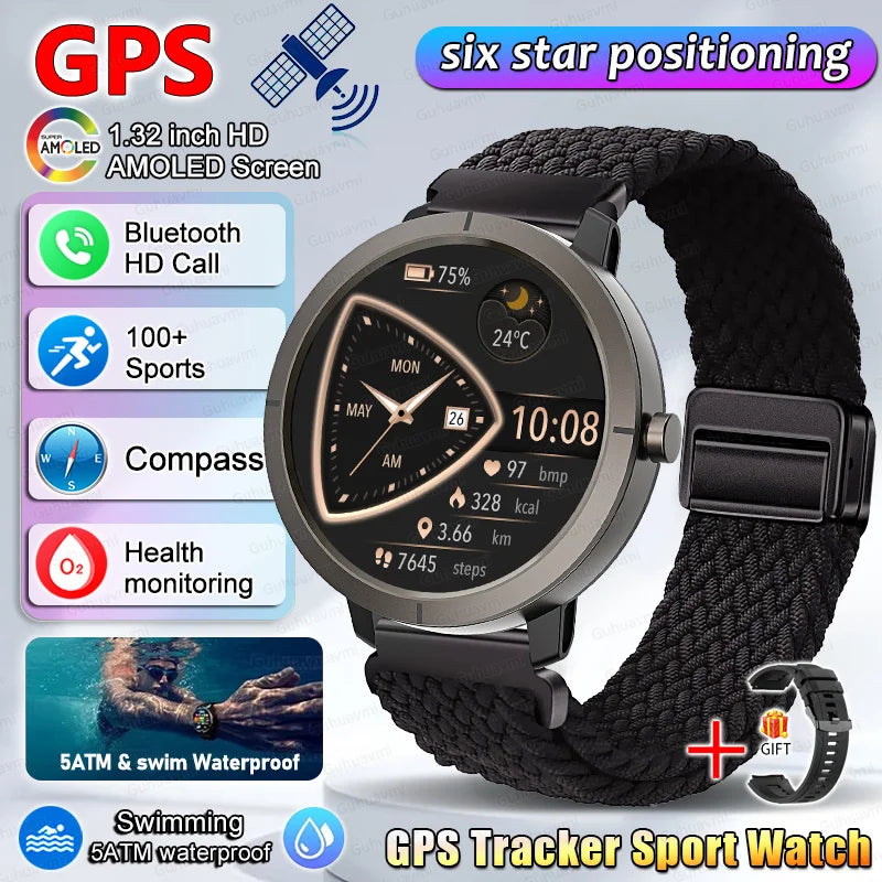 Smart Watch for Women GPS 6-Satellites 1.32” HD AMOLED Display Built-in GPS Bluetooth Call Sports 5ATM Waterproof Smartwatch ma